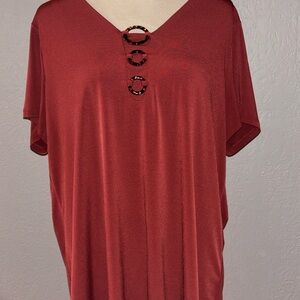 Susan Graver Red Short Sleeve Top with Ring Accents